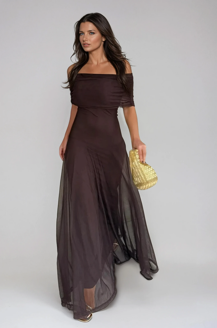 Brown elegant maxi dress for wedding guests, off-shoulder, with delicate mesh overlay. Perfect for formal events.