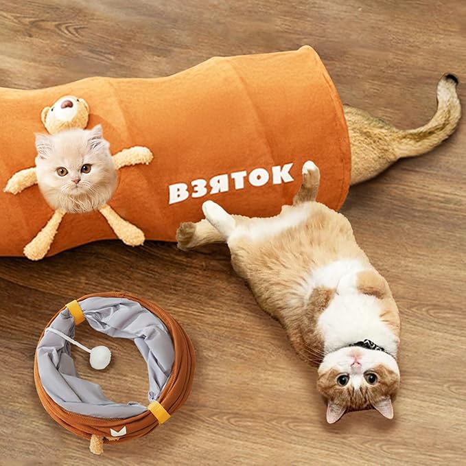 Brown foldable cat play tunnel, perfect for indoor exercise and interactive fun.