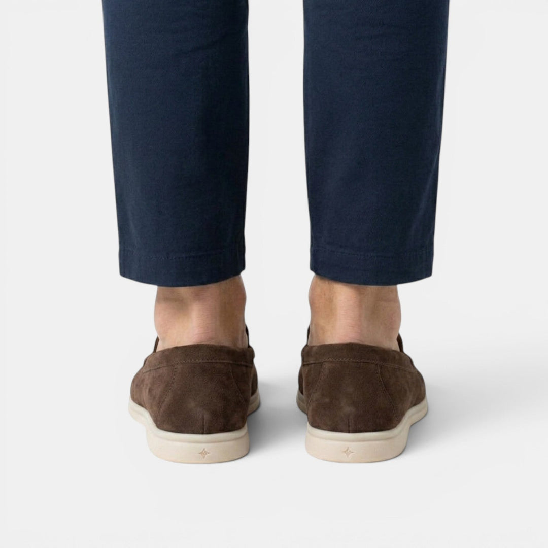 Brown suede slip-on loafers, casual & smart mens footwear for summer comfort.