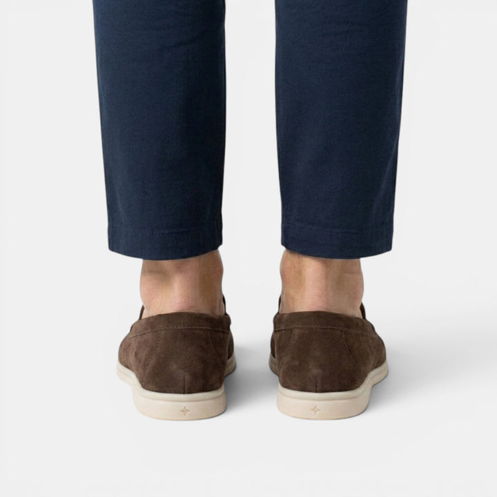 Brown suede slip-on loafers, casual & smart mens footwear for summer comfort.