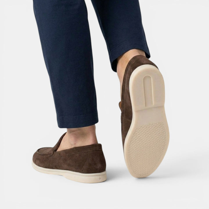 Stylish men's grey slip-on loafers, modern versatile shoes for comfort & ease.