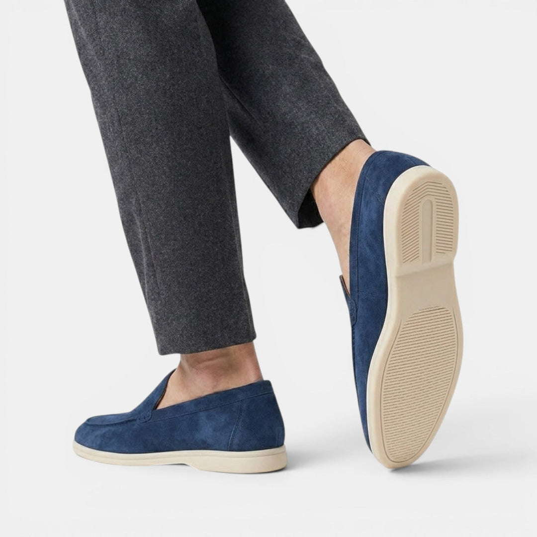 Sophisticated grey slip-on loafers for men, smart casual summer footwear.