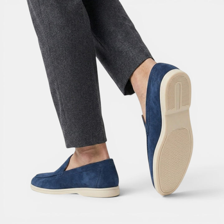 Sophisticated grey slip-on loafers for men, smart casual summer footwear.
