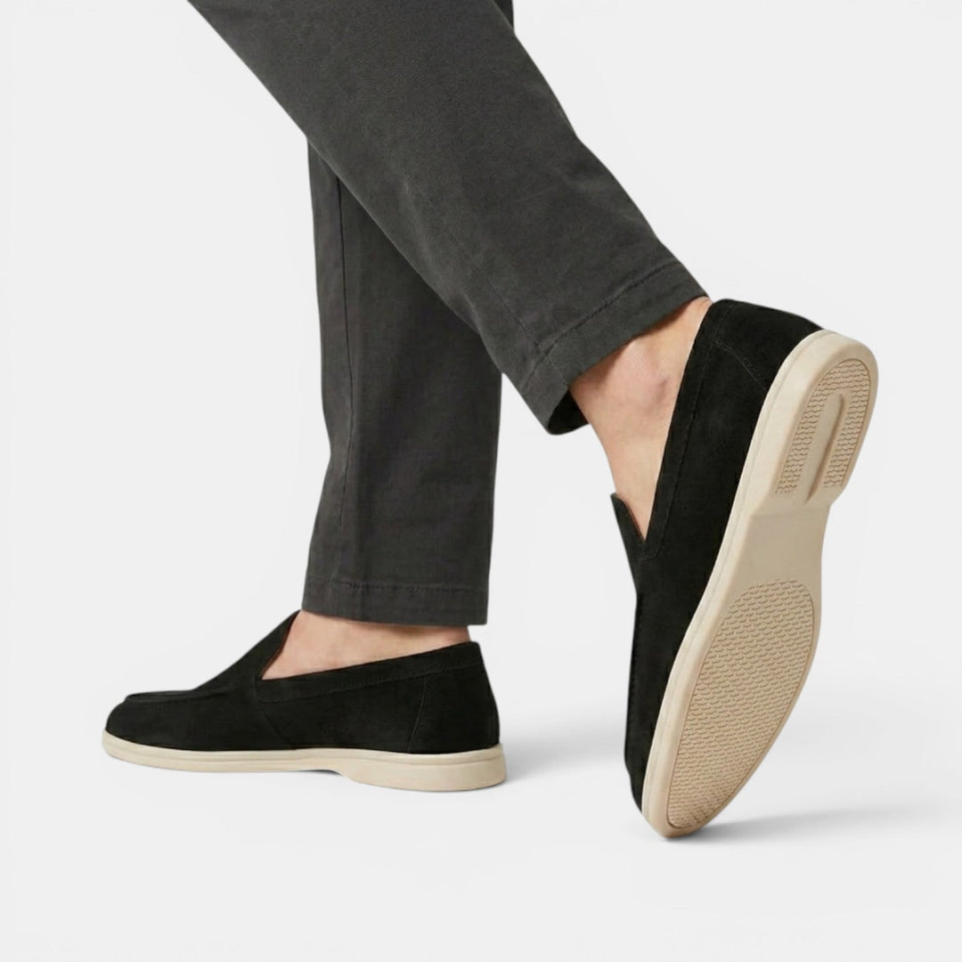 Stylish grey slip-on loafers, modern men's shoes for sophisticated outfits.