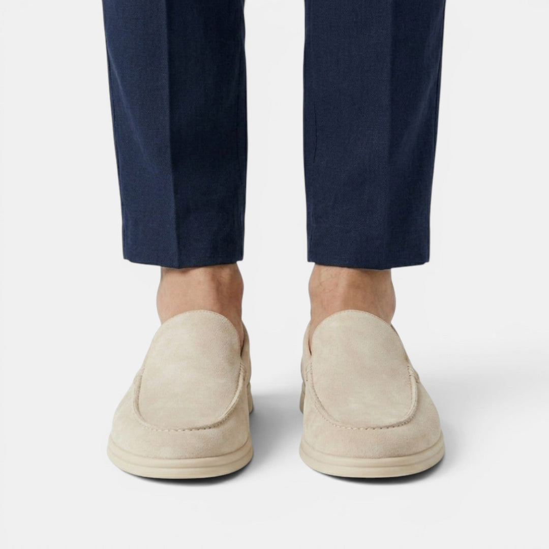 Tan casual men's slip-on loafers, easy wear and comfortable everyday shoes.