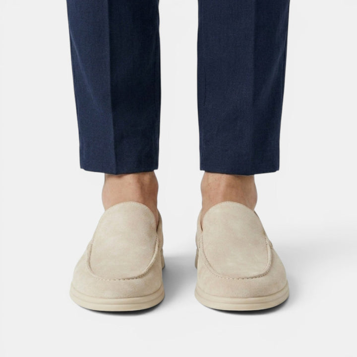 Tan casual men's slip-on loafers, easy wear and comfortable everyday shoes.