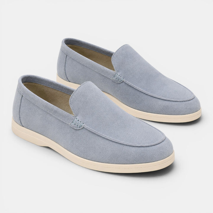 Versatile grey mens loafers, comfortable slip-on shoes for casual & smart occasions.