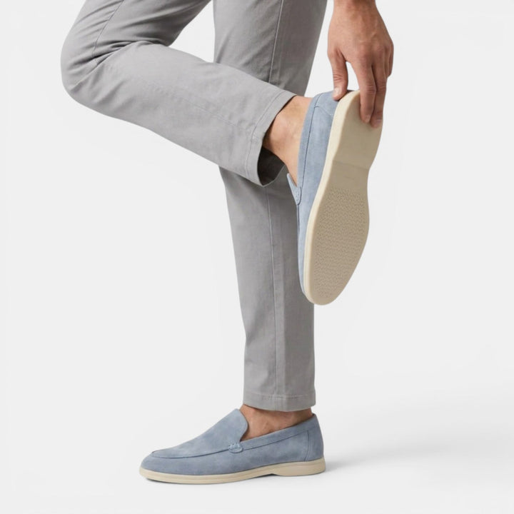 Men's smart navy loafers, sophisticated slip-on shoes for versatile outfits & comfort.