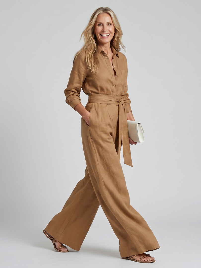 White elegant long sleeve wide leg women's jumpsuit. Sophisticated one-piece with button front.