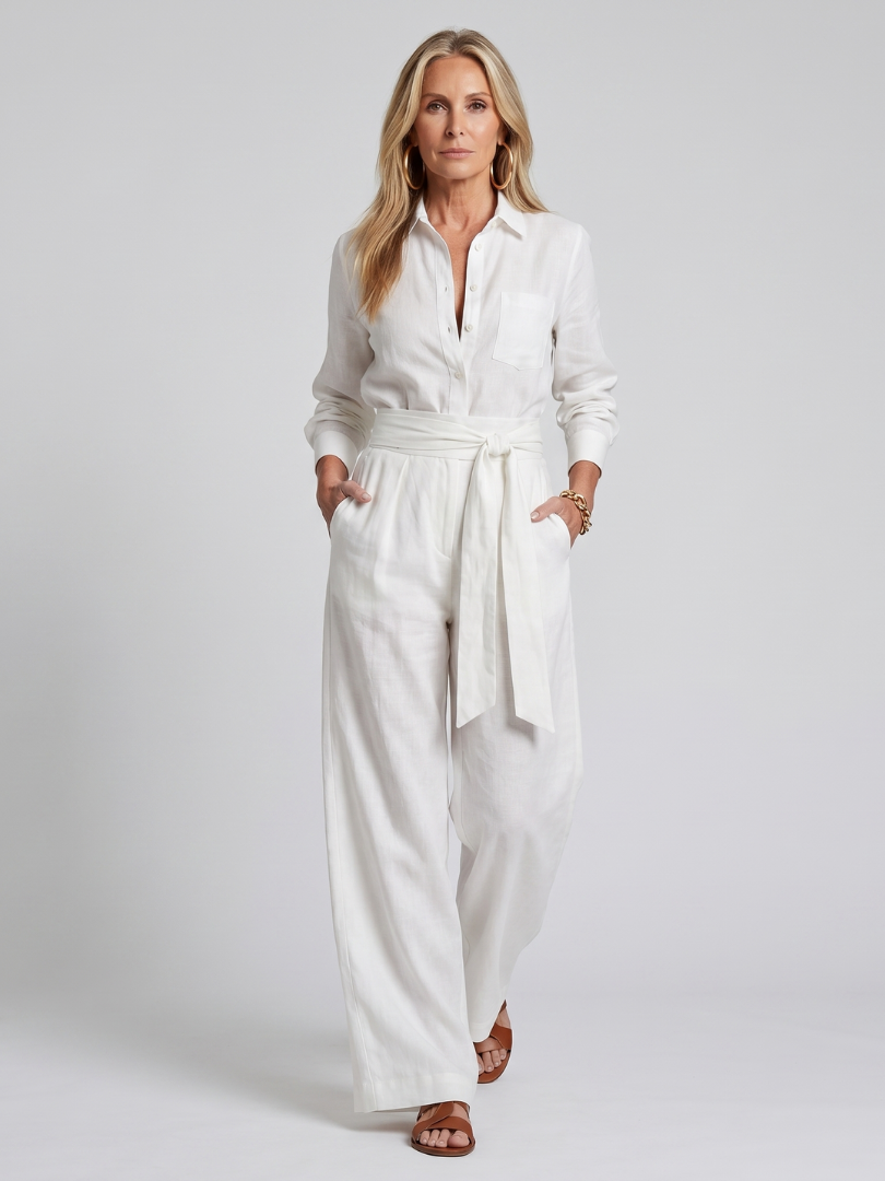 Fashionable women's elegant wide leg jumpsuit. Long sleeve & button front for a chic look.
