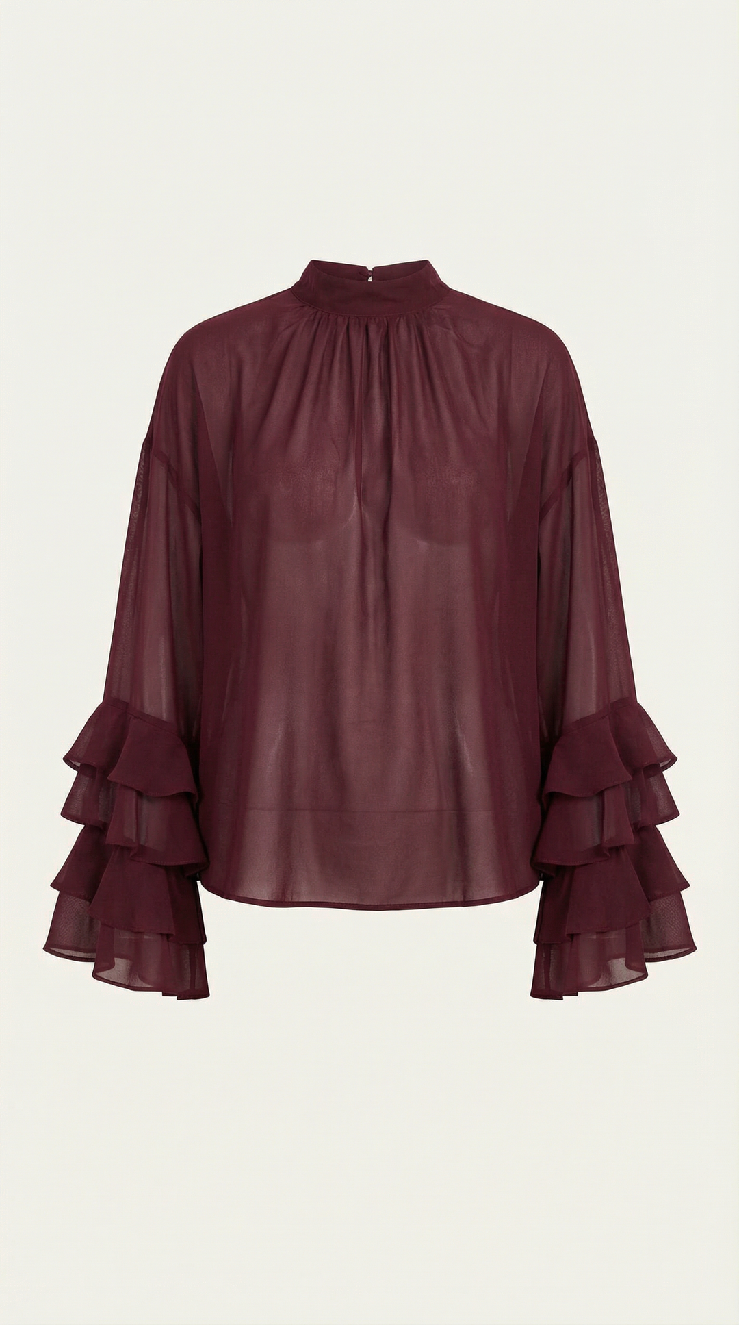Stylish burgundy sheer top featuring a high mock neck and voluminous tiered ruffle sleeves.