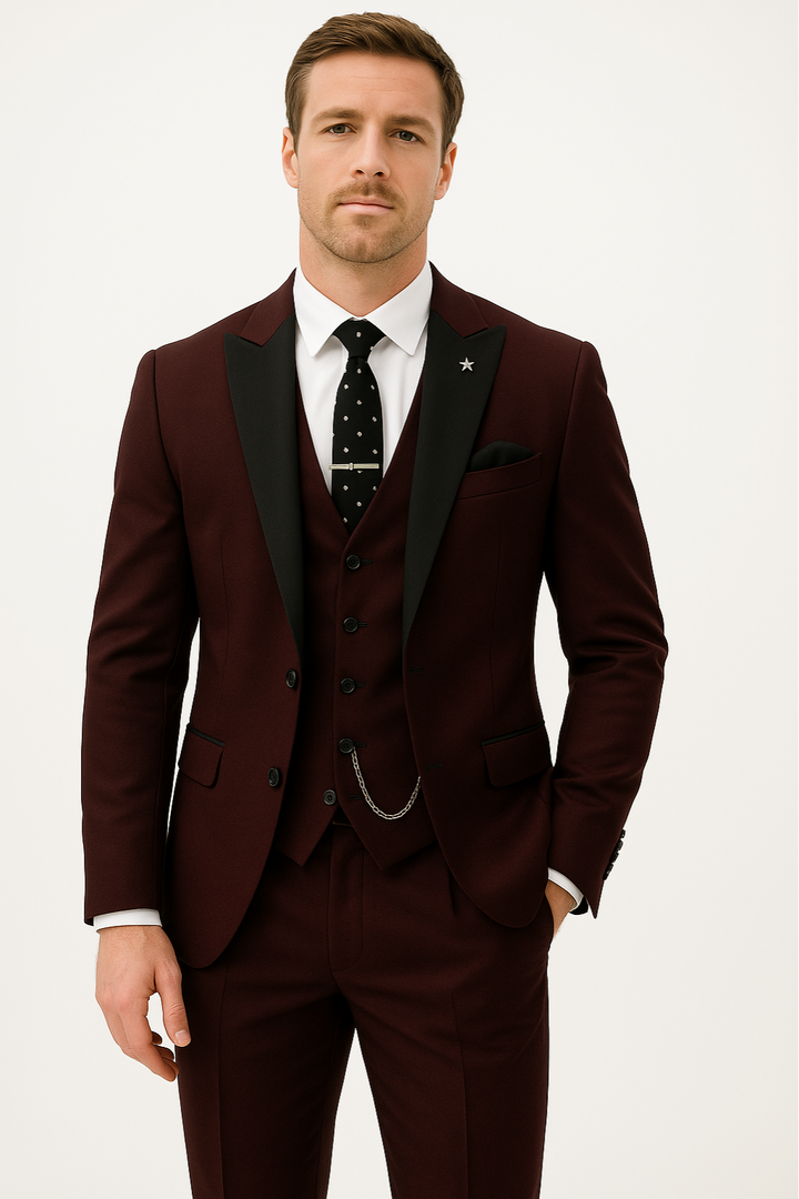 Burgundy men's three-piece suit set for spring formal occasions. Ideal wedding, prom, or business attire.