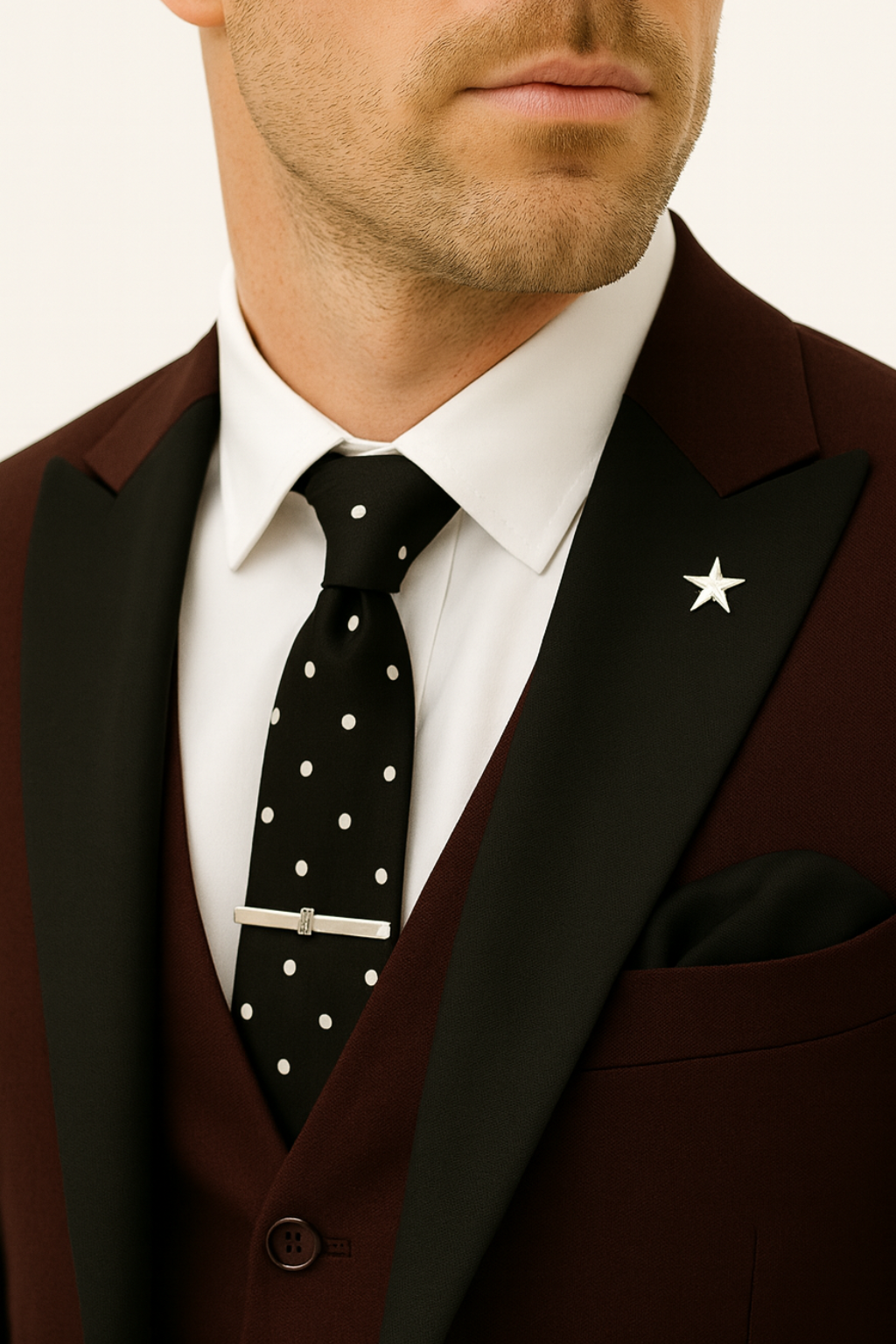 Elegant tailored burgundy three-piece men's suit. Perfect spring formal wear for weddings, proms, or special occasions.