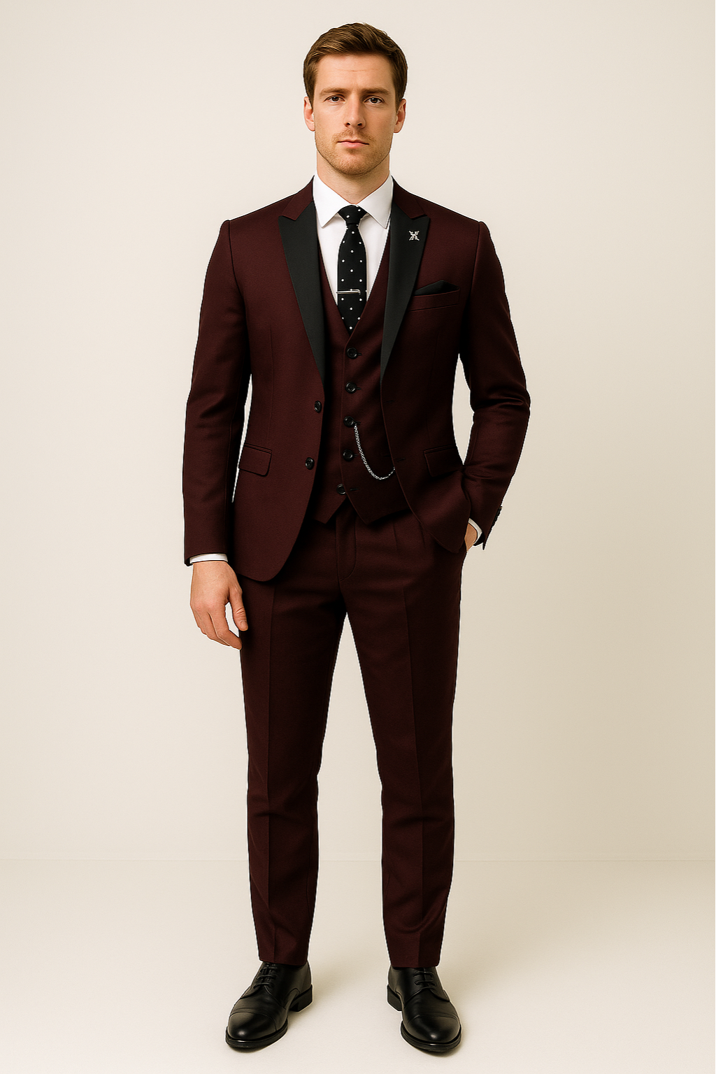 Men's spring fashion burgundy three-piece suit. Versatile for formal events, business, weddings, and prom menswear.