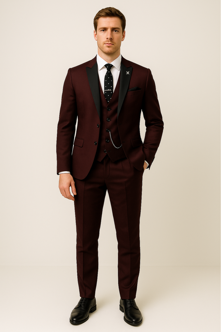 Men's spring fashion burgundy three-piece suit. Versatile for formal events, business, weddings, and prom menswear.