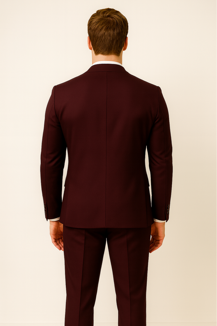 High-quality burgundy three-piece men's suit. Essential spring formal wear for weddings, proms, business, & special events.