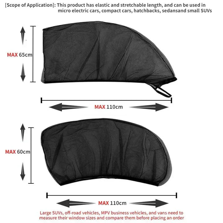 Breathable car window sun shade & insect screen, easy-fit mesh cover for SUV & sedan rear windows.