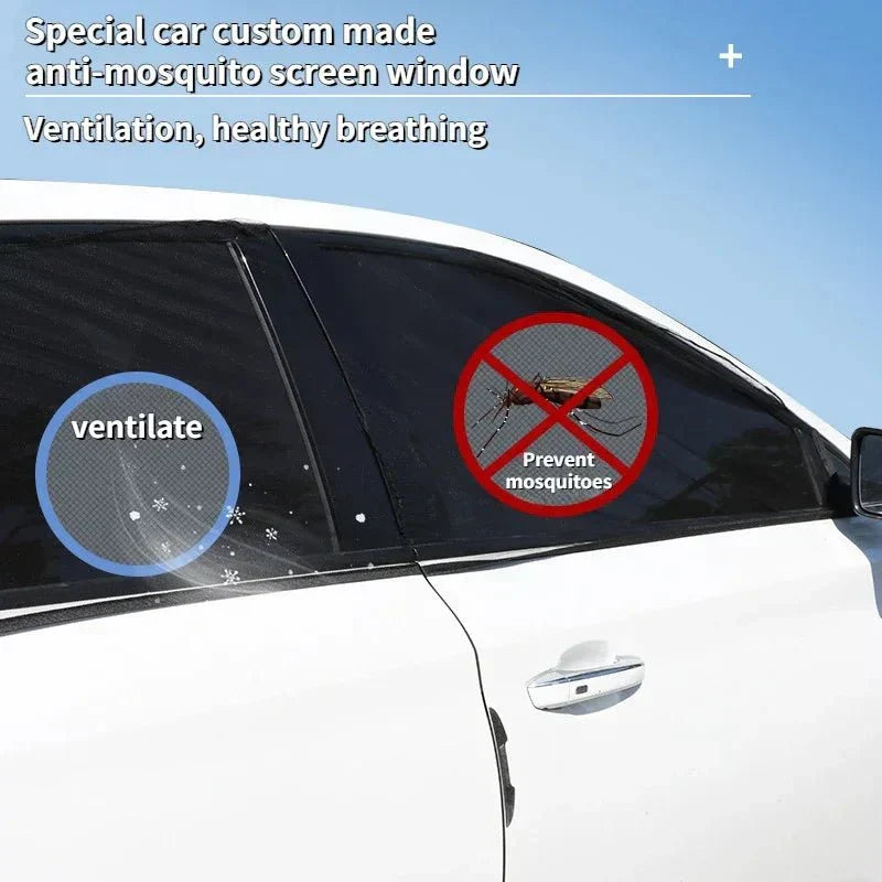 Car window cover with fine mesh for pet & child safety, protects from UV rays & insects during long drives.