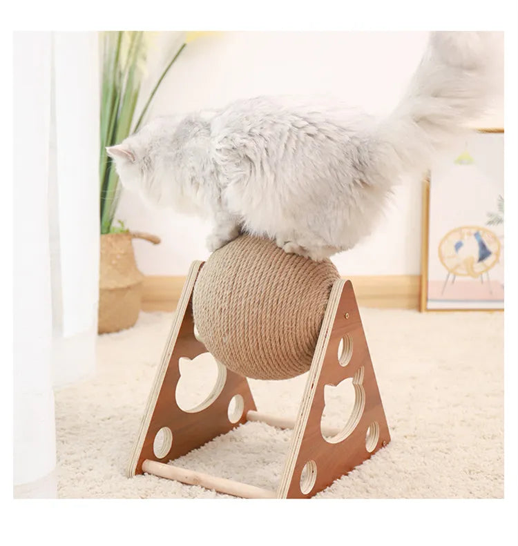 Cat 360° rotating sisal scratching ball post with sturdy wood frame for feline claw care.