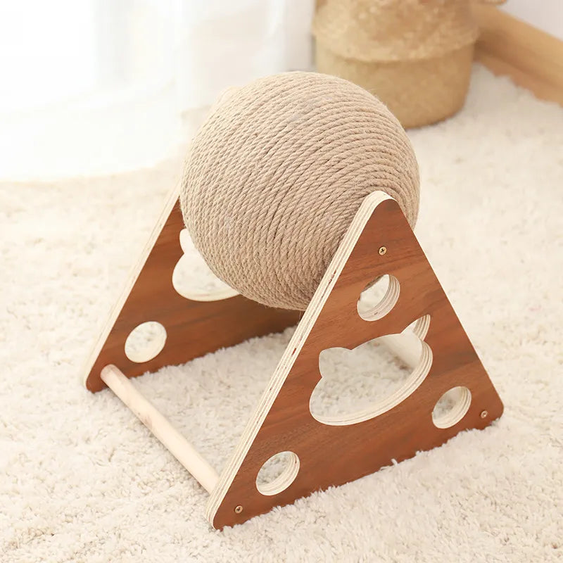 Interactive cat toy: 360° rotating sisal scratching ball post with a solid wood frame for feline entertainment.