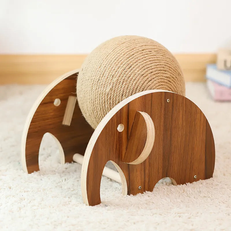 Cat 360° rotating sisal scratching ball and sturdy wooden post for feline claw care and furniture protection.