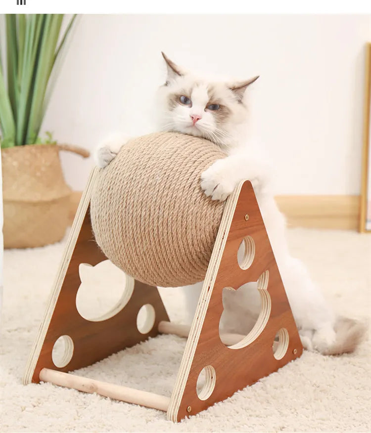 Interactive cat scratching post with a 360° rotating sisal ball and durable wooden base, protects furniture.