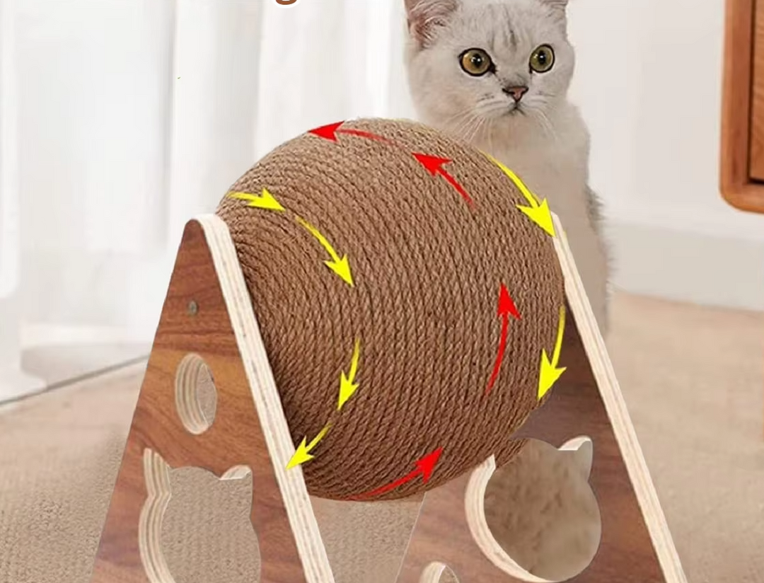 Feline sisal scratching ball toy on a sturdy wood frame for cat claw health and furniture protection.