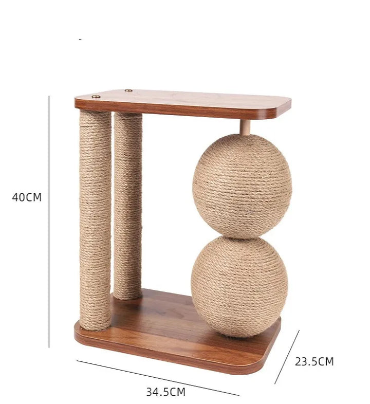 Pet cat playing with a rotating sisal scratching ball on a wooden post, ideal for interactive claw care.