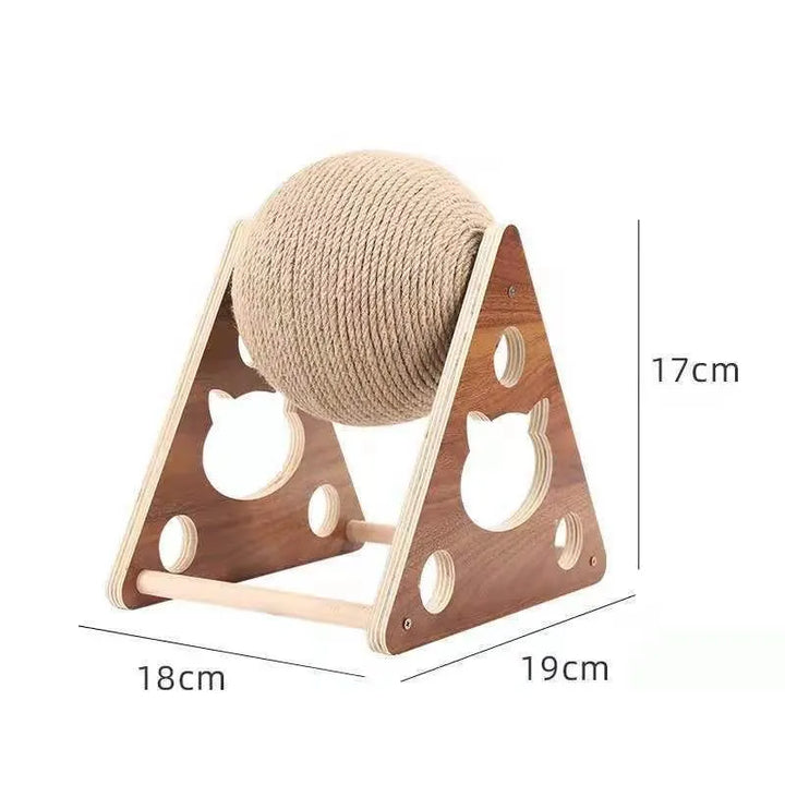 Modern wooden cat scratching post featuring a 360° rotating sisal ball, a durable pet toy for feline fun.