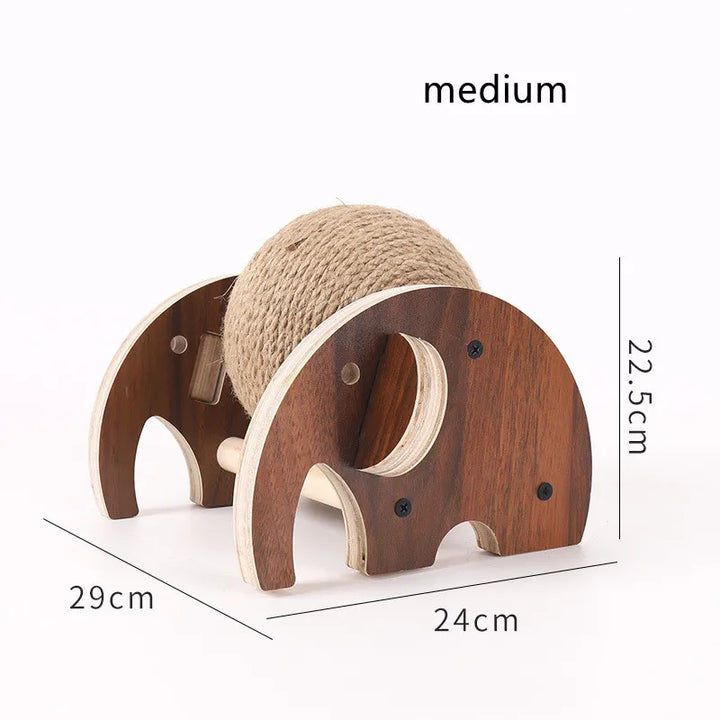 Cat sisal scratching ball post with 360° rotation and strong wooden frame, an essential feline pet toy.