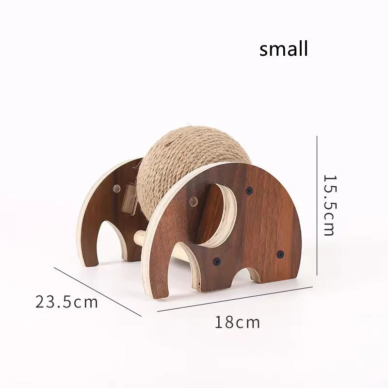 Close-up of a cat scratching a sisal ball on a rotating wooden post, promoting healthy feline claw care.