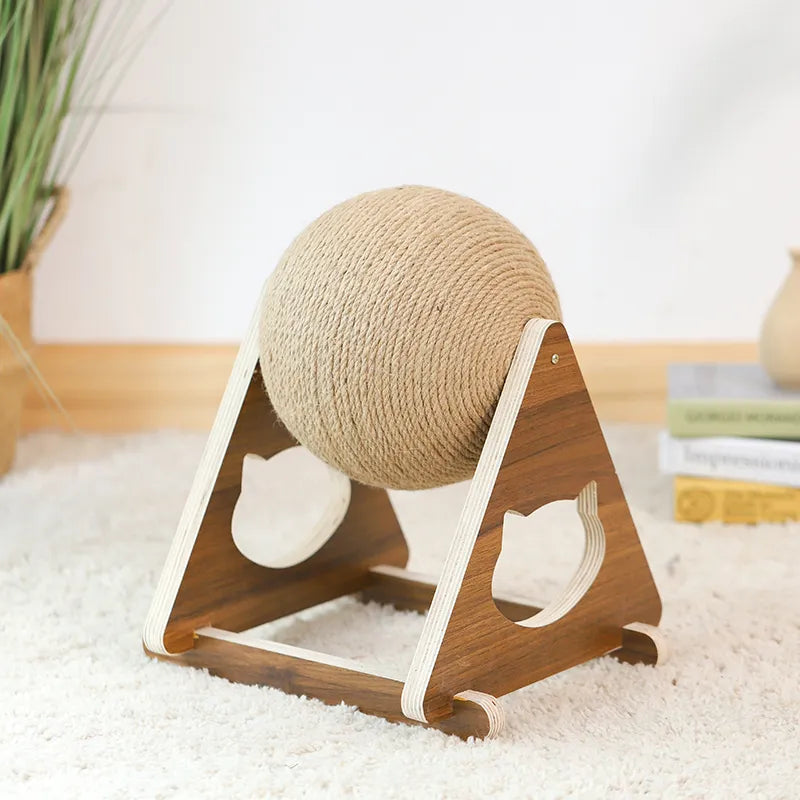 Sturdy wooden base supports a 360° rotating sisal scratching ball, a durable pet toy for active cats.