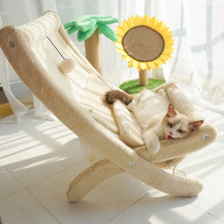 Cat Deckchair Lounger with integrated scratching pad. Cozy pet bed for feline comfort & relaxation. Modern pet furniture.