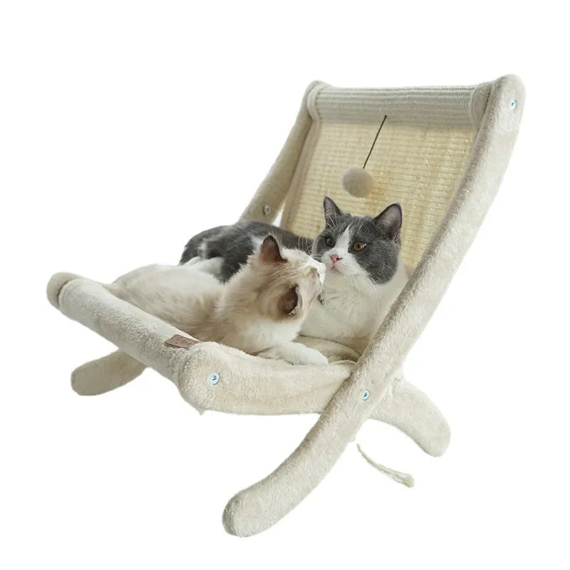 Comfortable cat bed: Deckchair style lounger for cats. Features a durable scratching post pad for healthy claws.