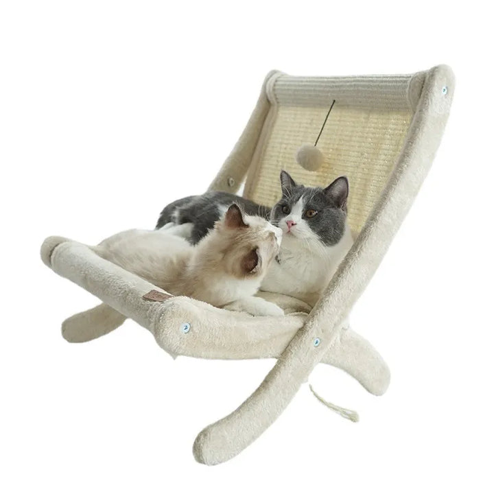 Comfortable cat bed: Deckchair style lounger for cats. Features a durable scratching post pad for healthy claws.