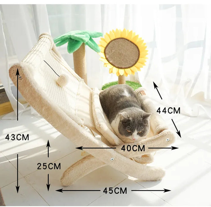 Feline comfort cat deckchair lounger with sisal scratching pad. Ideal pet bed for rest and play. Stylish animal accessory.