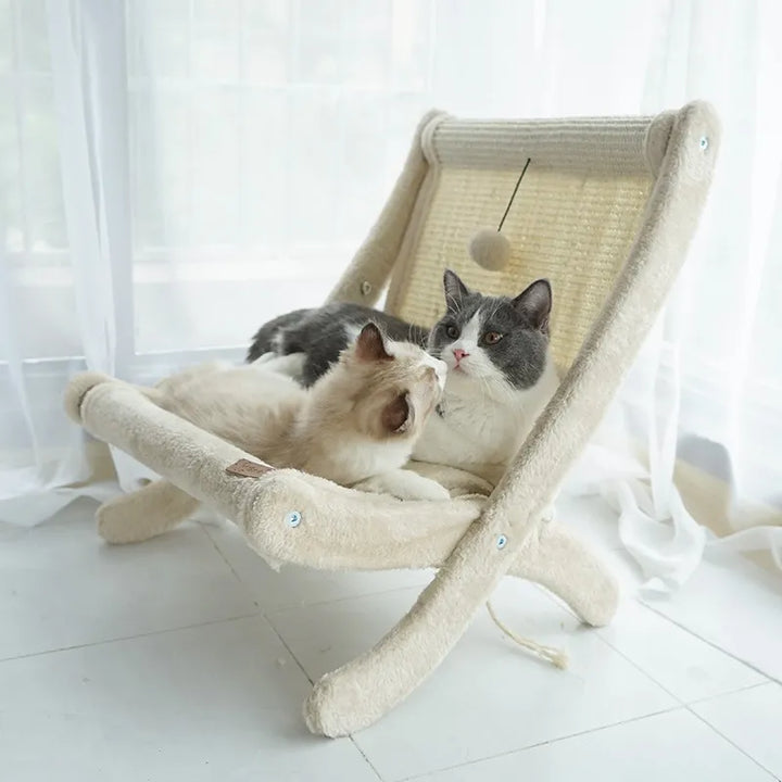 Stylish cat lounger & scratcher combo. Deckchair pet bed for ultimate feline relaxation. Essential pet furniture.