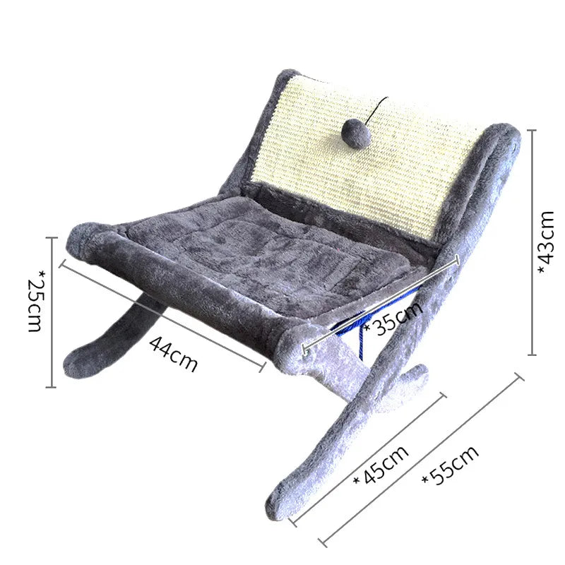Durable cat scratching post integrated into a cozy pet bed deckchair. Provides comfort and claw care for cats.