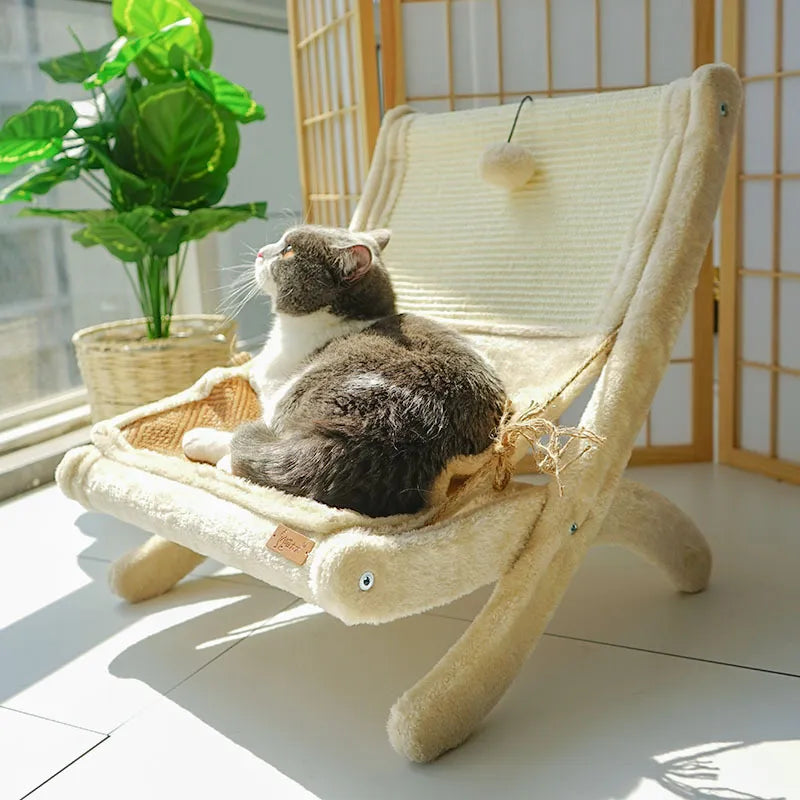Modern cat bed with scratching surface. Deckchair lounger offers a comfy spot for cats to sleep and scratch.