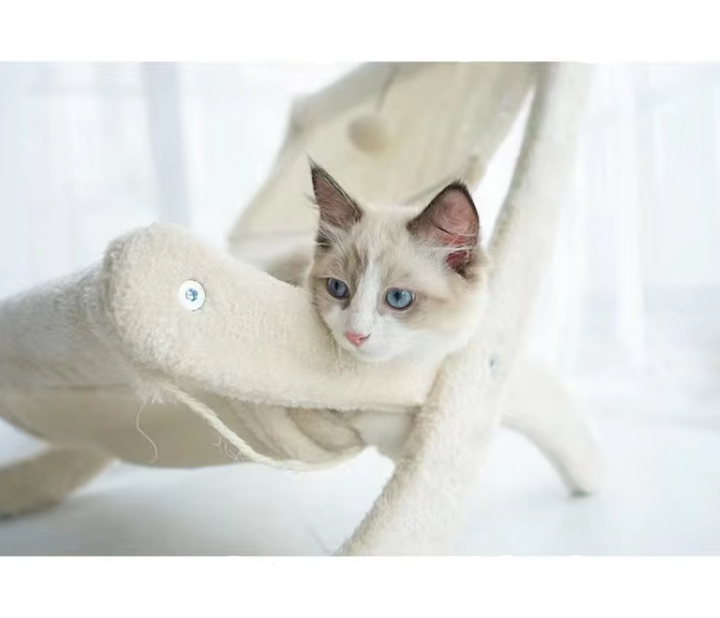 Cat deckchair bed, a perfect blend of comfort and utility. Features a robust scratching post for happy cats.