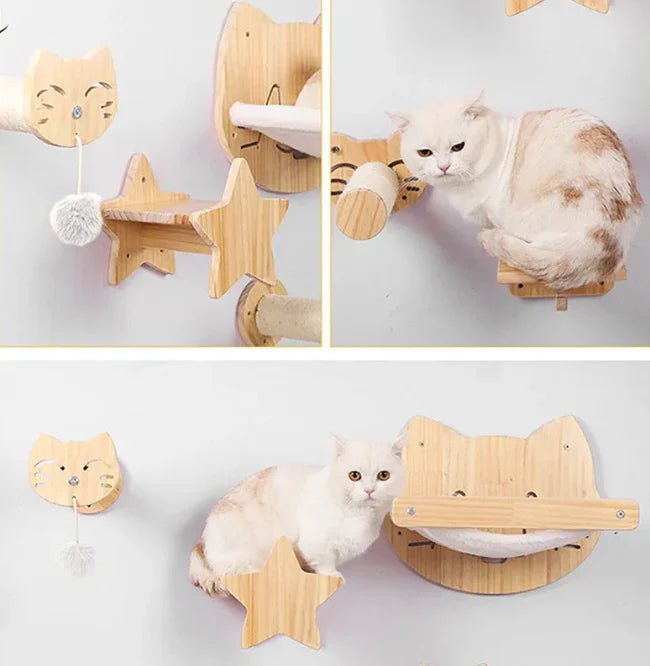 Cat head wooden wall scratcher lounge. Feline care pet furniture; a cozy wall-mounted play perch & bed.