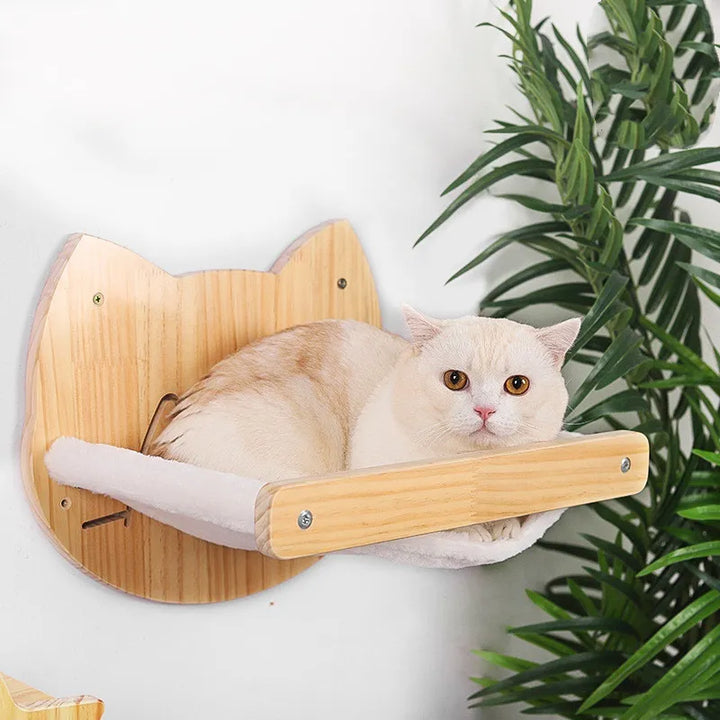 Wall mounted cat head scratcher & lounge, a wooden play perch and cat bed for your feline friend.