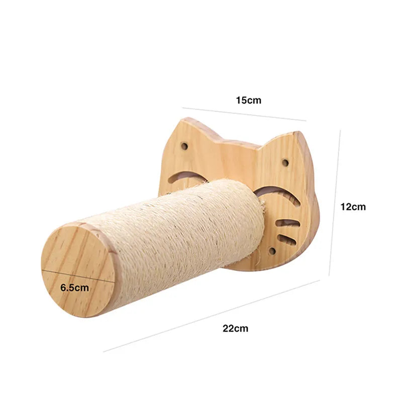 Durable wooden cat head wall scratcher & lounge, a comfortable pet furniture play perch for happy felines.