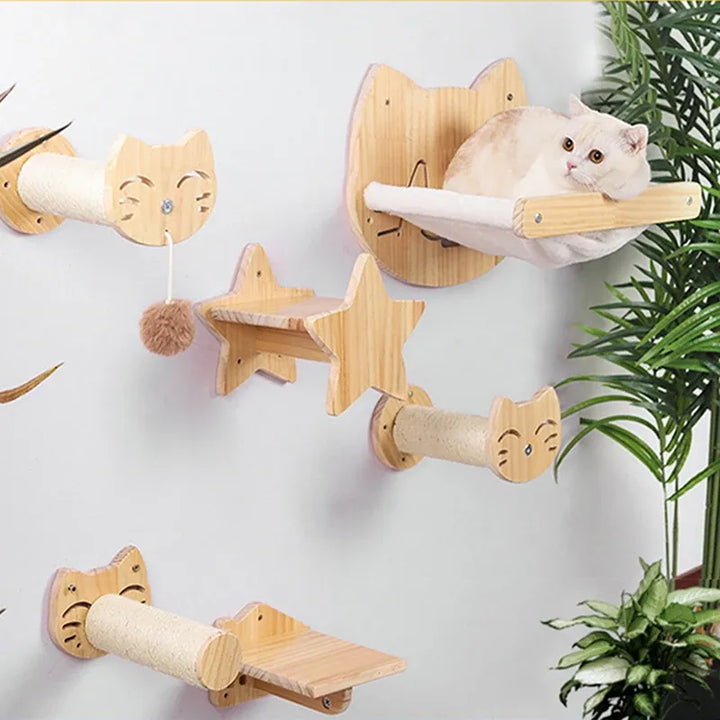 Cat head wooden wall scratcher & lounge, a fun pet toy & cozy bed perch for active cats.