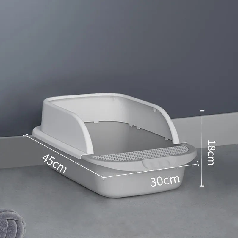 Hygienic high rim cat litter box. Prevents scatter, easy to clean. Essential cat care accessory.