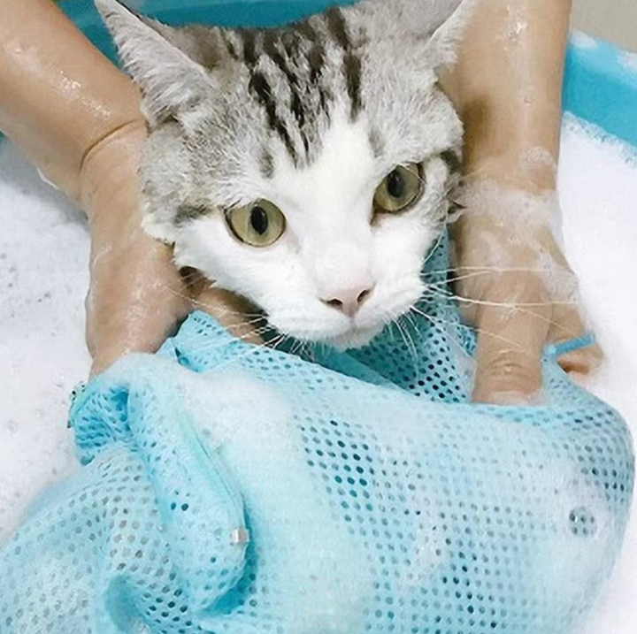 Secure Cat Bathing Sack with breathable mesh. Simplifies feline grooming & pet hygiene routine.