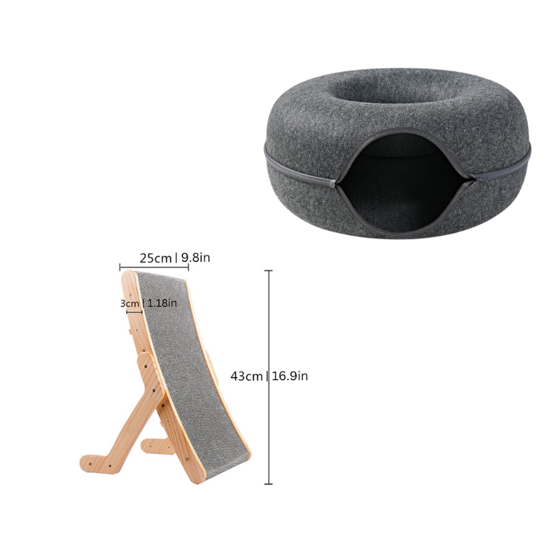 An interactive cat activity center, combining a stimulating scratcher with a relaxing hideaway.