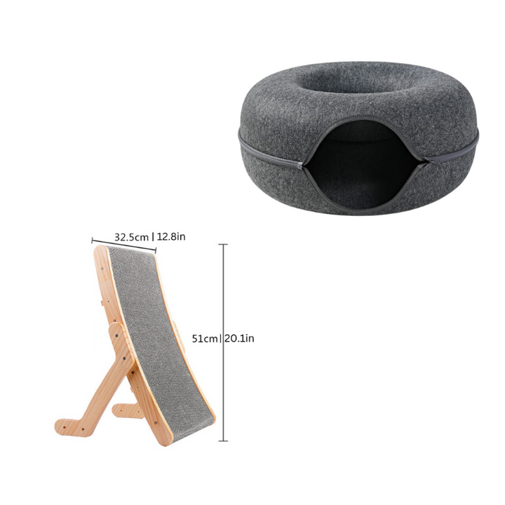 Stylish pet accessories for cats: a modern play and lounge set in grey tones.
