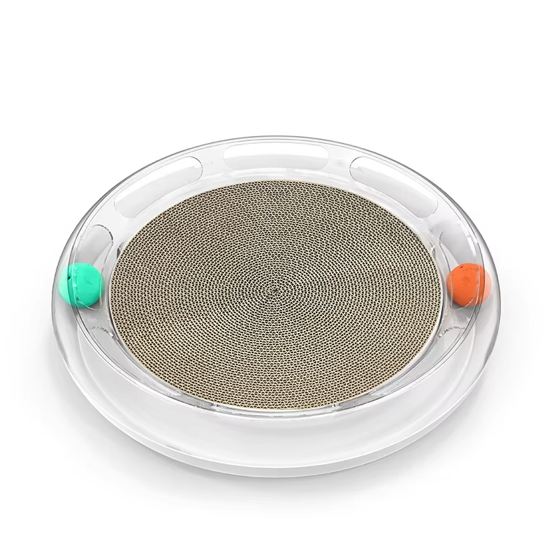 Engaging scratch toy with track and rolling balls provides essential cat exercise & mental stimulation.