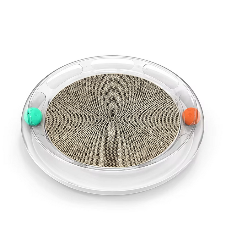 Engaging scratch toy with track and rolling balls provides essential cat exercise & mental stimulation.